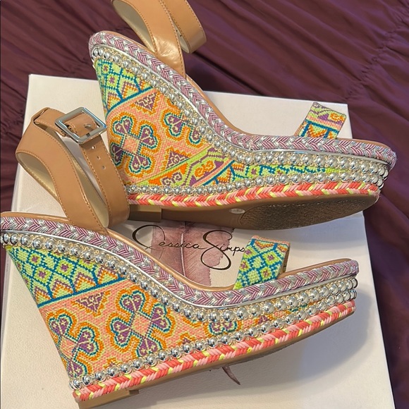 Jessica Simpson Beige Wedge Sandals with Crystal Embellishments - Picture 6 of 10